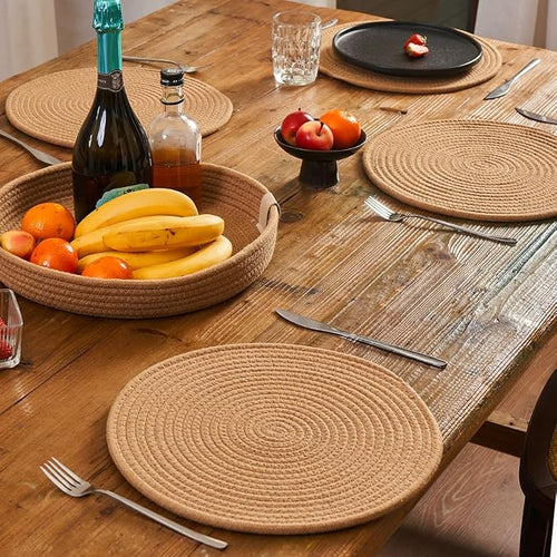Art PineCone's Woven Cotton Rope Round Placemats Set of 4 with Holder Included, Non-Slip, and Heat Resistant Shabby Chic Placemats (Caramel, 13 inch)