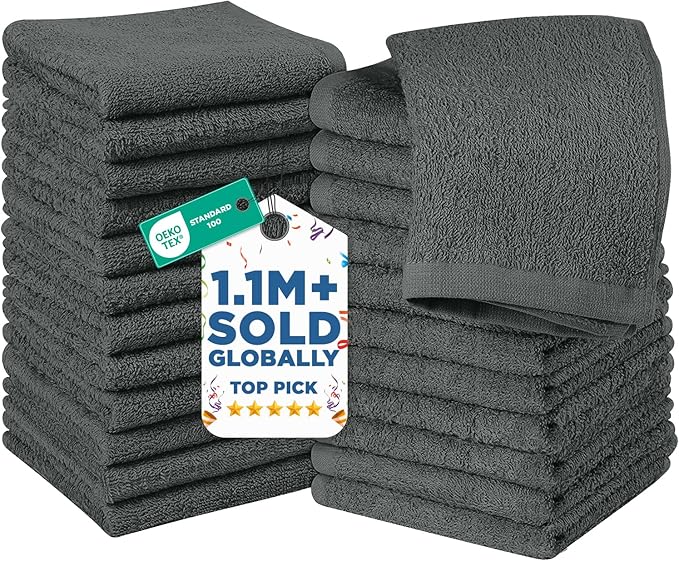 DAN RIVER 24 Pack Wash Cloths for Showering [12x12] - 100% Cotton Washcloths Premium Quality Flannel Face Cloths for Bathroom, Highly Absorbent and Soft Feel Wash Clothes, Gray
