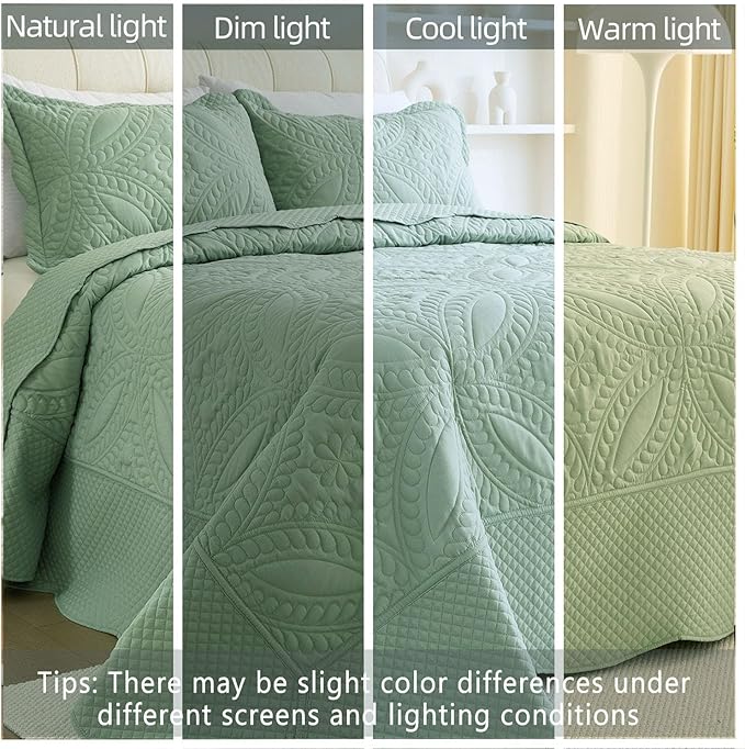 Oversized King Bedspread 114"x102",3 Pieces California King Quilt Set,Lightweight Green Bed Comforter Set for All Season,Modern Geometric Pattern Quilt Bedding Set