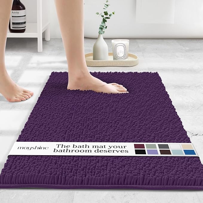 MAYSHINE Plush Shaggy Chenille Bath Mat | Extra Soft, Super Absorbent, Non-Slip Bathroom Rug | Fluffy Microfiber, Area Rug Sets for Bathroom Floor, Kitchen, Living Room | 32"x20" | Plum