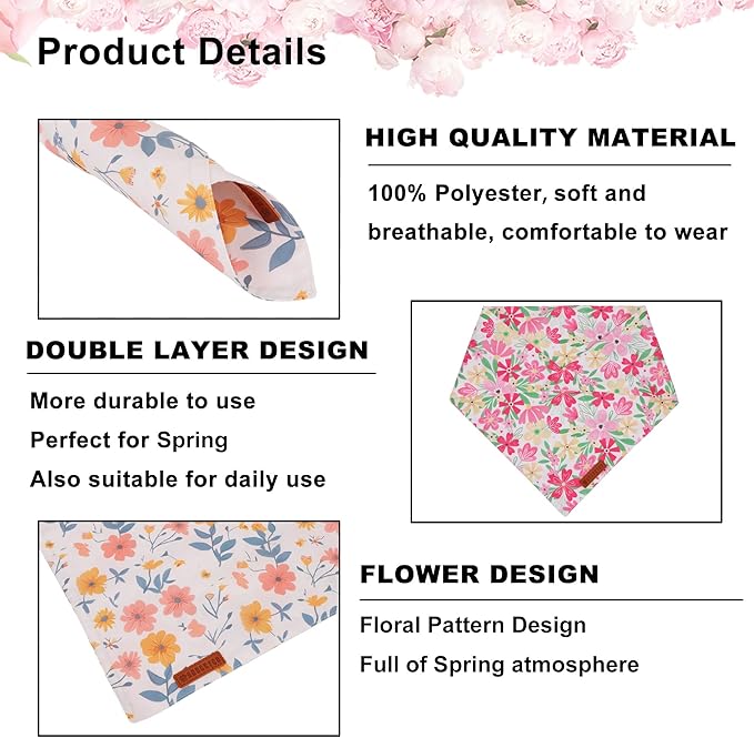 ADOGGYGO Floral Dog Bandanas 2 Pack, Triangle Reversible Pink White Flower Dog Scarf, Premium Durable Fabric, Pet Floral Bandanas for Medium Large Dogs (Large)