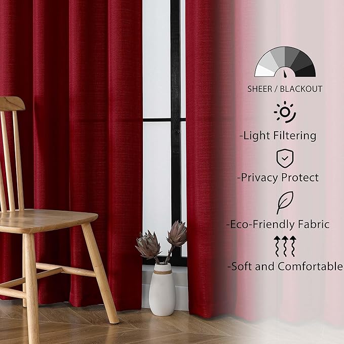 Lecloud Bessie Red Curtains 72 Inches Long 2 Pcs, Airy Light Filtering Faux Linen Textured Window Curtains for Bedroom Decor, Rod Pockets Privacy Drapes for Living Room, Each Panel 40" W x 72" L