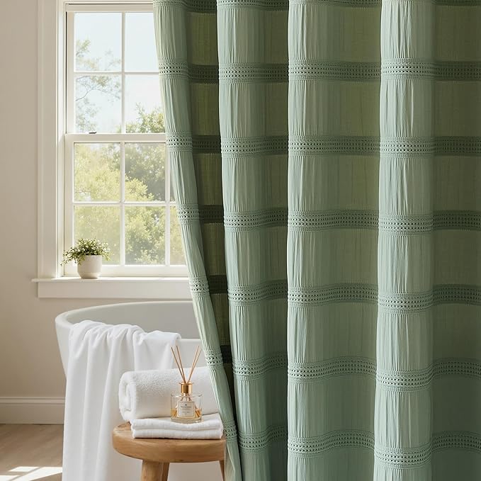 Lameirose Extra Long Sage Green Shower Curtain Farmhouse,72 x 96 Cotton Blend Waffle Tufted Striped Chic Textured Fabric Shower Curtain for Bathroom, Hotel