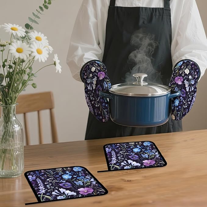Wildflowers Oven Mitts and Pot Holders,Vintage Garden Herb Flower Heat Resistant Oven Mitts Gloves and Pot Holder for Home Kitchen Decorations Cooking Baking BBQ Gifts,Set of 4
