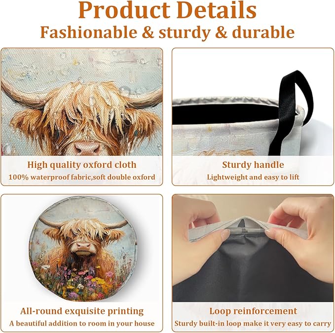 Watercolor Highland Cow Flower Laundry Basket with Sturdy Handles, Collapsible Oxford Cloth Laundry Hamper Organizer Basket for Bathroom Bedroom 15.7x20 Inch