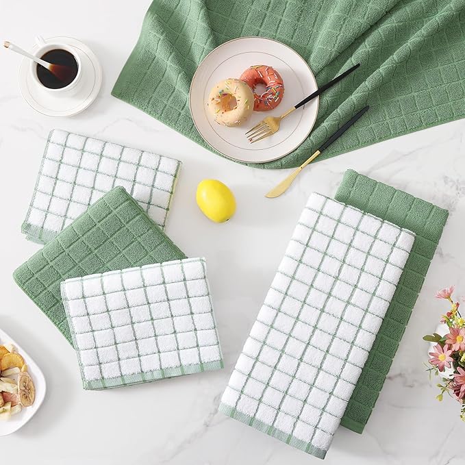 Homaxy Premium Cotton Kitchen Towels 16"x 28", Large Natural Ring Spun 390 GSM Dish Towels, Super Absorbent Terry Kitchen Hand Towels, Soft Tea Towels with Hanging Loop, Grass Green Check, 12 Pack