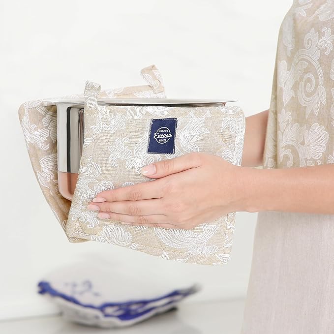 Pot Holders for Kitchen | Heat Resistant Pads | Set of 2 | Hot Dish Holder Sets | 8x8 in |for Cooking, Baking, Grilling, Microwave & BBQ, Chambray Beige by Encasa XO