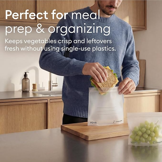 Vove Compostable Gallon Bags, Extra Large 30 Count – Freezer Safe, Leak Proof, Non Toxic Food Storage for Meal Prep & Snacks, Plant-Based Eco Bags