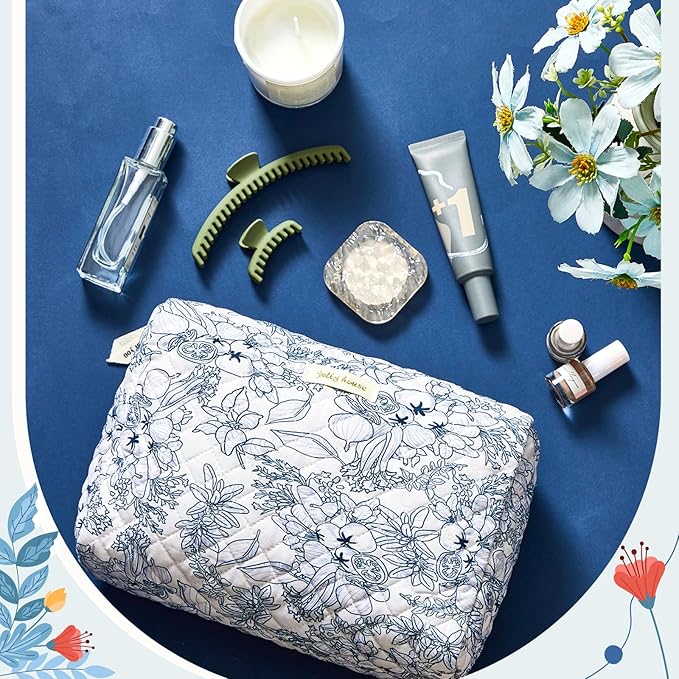 Zeyune 3 Pcs Makeup Bag Quilted Cosmetic Bags Large Floral Makeup Bag Set for Women Cotton Flower Travel Toiletry Storage Cute with Zipper for Women Mom Birthday Gift Home Bathroom(Blue Plants)