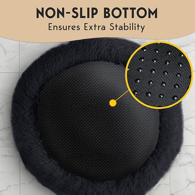 PetJett Calming Dog Beds Large Sized Dog - 36'' Round Bed, Anti-Slip & Washable Super Soft Donut Bed, Fluffy Faux Fur Anti-Anxiety Premium Comfort Pet Bed, Fits Dogs up to 80 lbs - Black