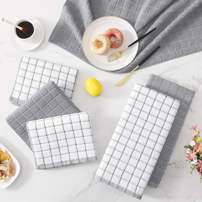 Homaxy Premium Cotton Kitchen Towels 16"x 28", Large Natural Ring Spun 390 GSM Dish Towels, Super Absorbent Terry Kitchen Hand Towels, Soft Tea Towels with Hanging Loop, Light Grey Check, 6 Pack