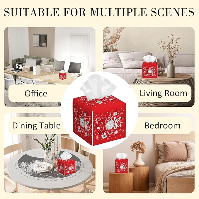POIUBLE Snowflake Tissue Box Holder Merry Christmas Joy Words Tissue Box Cover Square Leather Tissue Holder Organizer Portable Decorative Facial Paper Case for Home Office Bathroom Vanity Countertop