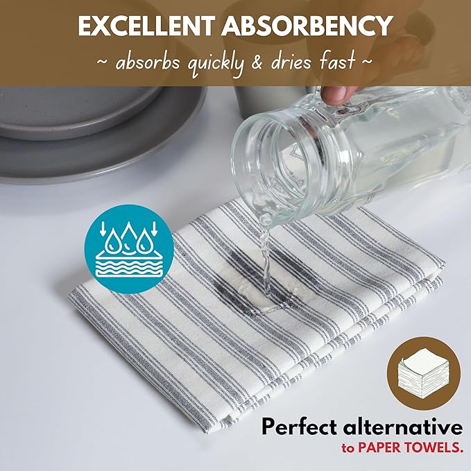 Native Fab 4 Pack Farmhouse Modern Stripe Kitchen Dish Towels Cotton Super Absorbent Quick Drying Reusable 18x26 Inches - Bar Hand Towels, Kitchen Cleaning Towels with Hanging Loop, Grey