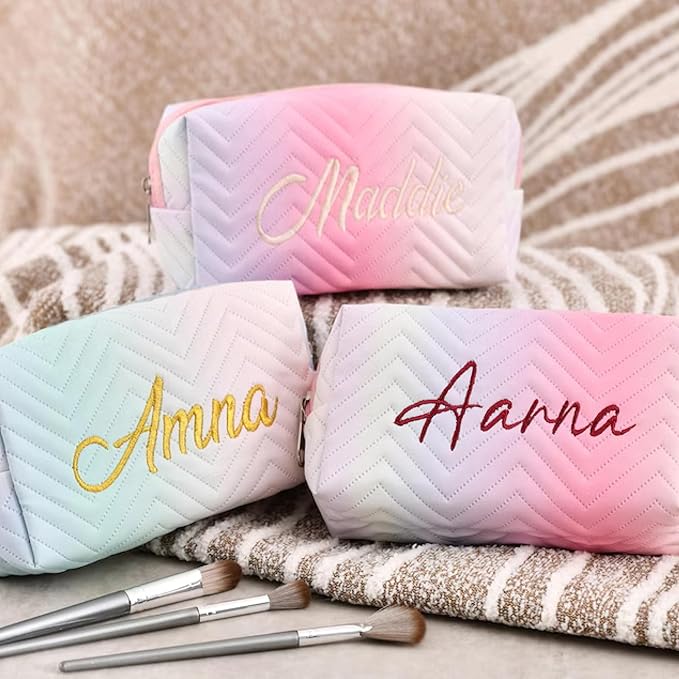 Personalized Makeup Bag with Name, Custom Embroidered Cosmetic Bags for Women Girls, Corduroy Gradient Pouch, Initial Quilted Bag,Travel Toiletry Pouch, Gifts for Bride Bridesmaid , Birthday, Wedding