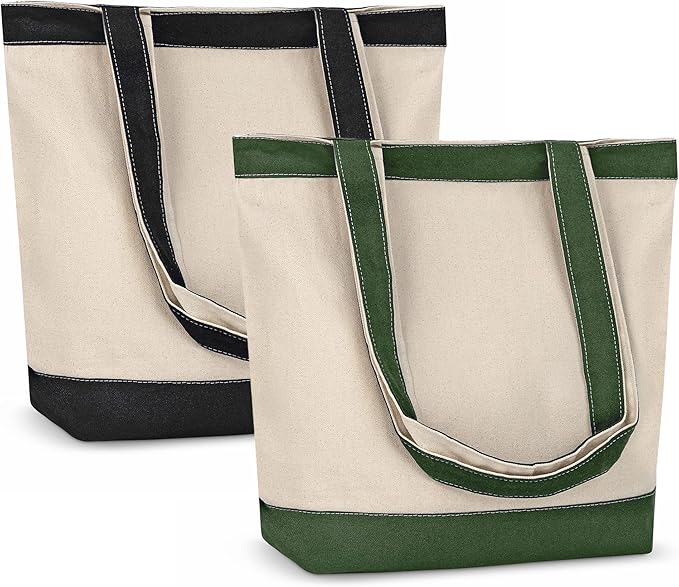 Canvas Tote Bags for Women - Large Aesthetic Eco-Friendly Reusable Grocery & Beach Tote, 16X14.5X4' Hunter Green/Black 2pk