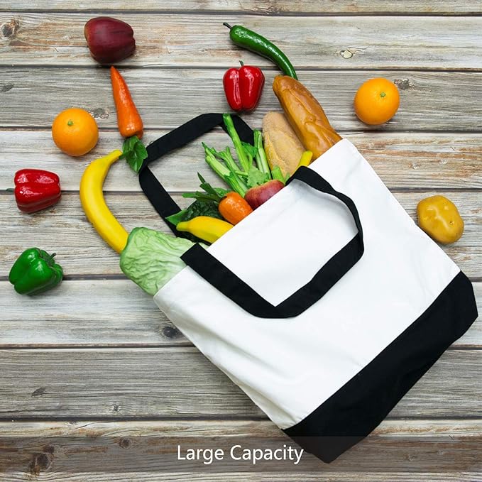TOPDesign 12-Pack Super Strong Large 12oz Cotton Canvas Tote Bags, Reusable Grocery Shopping Cloth Bags, Fashionable Two-Tone Totes for Crafts, DIY Your Creative Designs