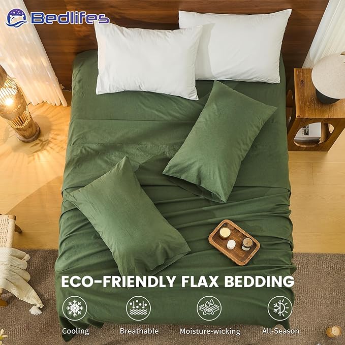 Bedlifes 100% French Pure Linen Sheets King Size Breathable and Cooling Flax Sheet Set Soft Durable and Moisture Wicking 16 Inch Deep Pocket-4 Piece(King,Forest Green)