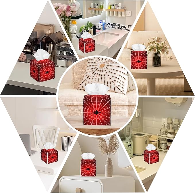 BLYKVGHQ Spider Web Tissue Box Cover Square, Tissue Box Holder with Bottom Belt Leather Facial Paper Organizer Dispenser for Bathroom Bedroom Dresser Night Stand Tabletop