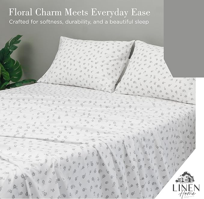 Linen Home 100% Cotton Printed Percale Sheets Queen Size, Deep Pocket, 4 Pieces Set - 1 Flat, 1 Deep Pocket Fitted Sheet and 2 Pillowcases, Crisp Cool and Strong Bed Linen, Grey Silhouette Floral