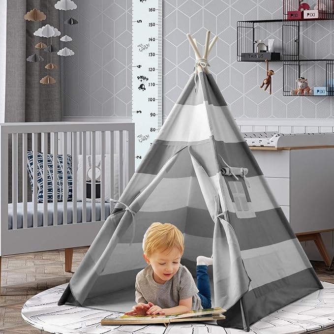 Teepee Tent for Kids Boys Indoor Play Teepee Tent for Boy Grey Stripe Teepee Kids Tent Indoor for Children Nursery Decor, Foldable Teepee for Boys & Girls Birthday Gift