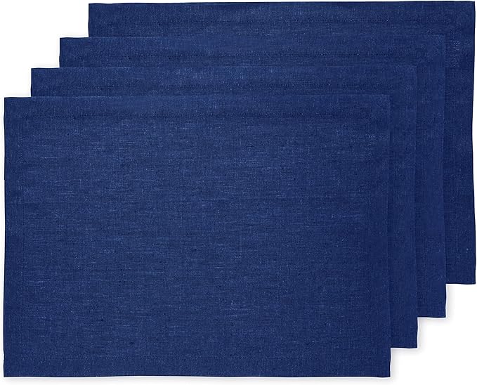 Solino Home Linen Cloth Placemats Set of 4-100% Pure Linen Royal Blue Placemats 14 x 19 Inch- Athena