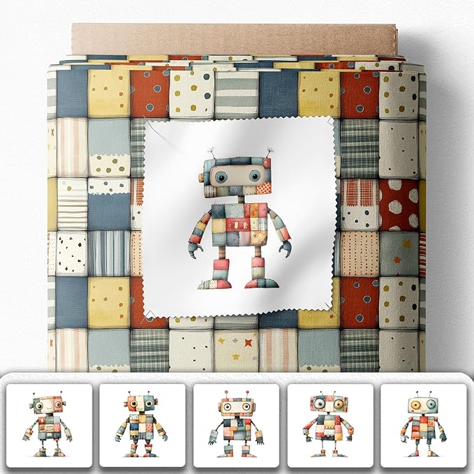 Robot Patchwork Cotton Fabric Panel – 6 Designs (10×10 inch Each) + Bonus Patchwork Sheet 29.5×19.6 inch, 100% Cotton 140 GSM, Made in Turkey