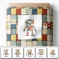 Robot Patchwork Cotton Fabric Panel – 6 Designs (10×10 inch Each) + Bonus Patchwork Sheet 29.5×19.6 inch, 100% Cotton 140 GSM, Made in Turkey