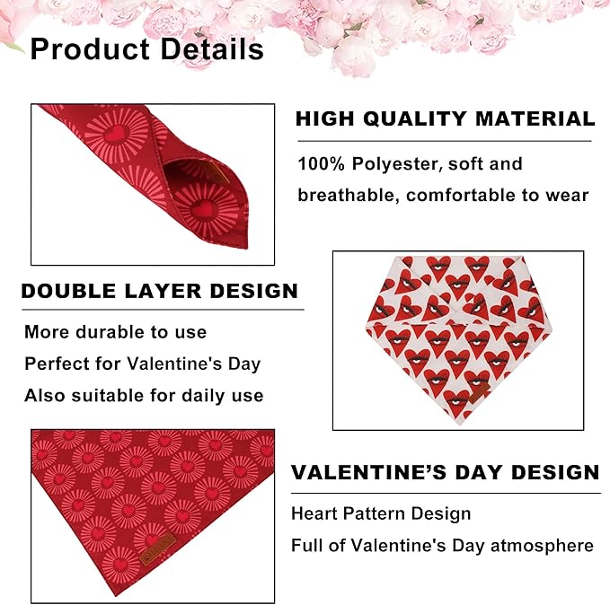 ADOGGYGO Valentines Dog Bandana 2 Pack, Heart Sunburst Eyelash Print Puppy Scarf, Durable Fabric, Red Pink Valentine Bandanas for Small Dogs (Small)