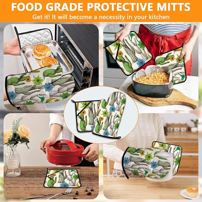 Cactus Flower Oven Mitts and Pot Holders Sets 4Pcs,Extra Long Oven Gloves Potholder for Kitchen Cooking Baking BBQ 100% Cotton Heat Resistant