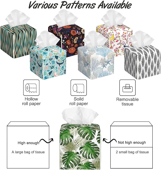 Tropical Palm Leaves Tissue Box Holder,Cube Tissue Box Cover Holder,Leather Facial Paper Organizer Dispenser Home for Bedroom Night Stands,Kitchen,Office and Car,5.2"×5.2"×5.2"