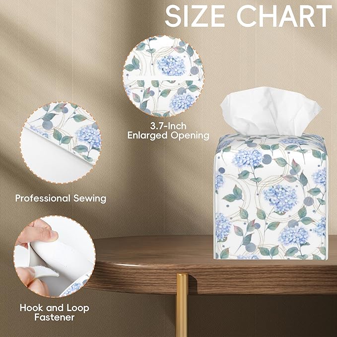 OHEGBXE Contemporary Floral Tissue Box Cover Holder Cube Facial Paper Organizer Dispenser, Abstract Hydrangea Flower, Square, PVC Leather, 5.2"L x 5.2"W x 5.2"H