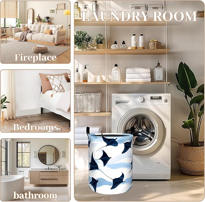 ainori Cute Stingray Laundry Basket, Oxford Cloth Minimalist Modern Dirty Clothes Collapsible Hamper for Room Decor, Ocean Manta Ray Print Gifts Toy Organizer 19.7*15.8 Inch for Bedroom Bathroom Dorm
