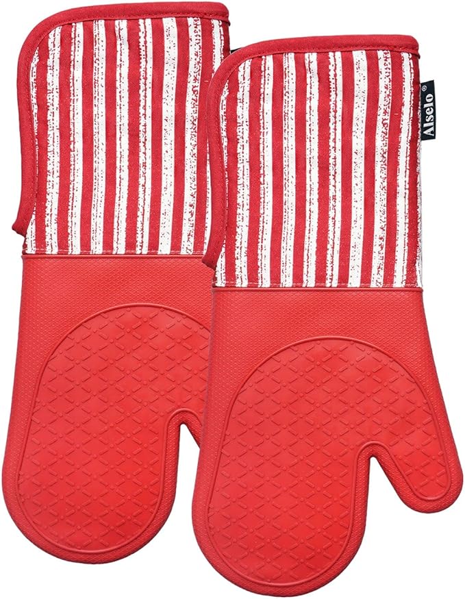 Silicone Oven Mitts Heat Resistant 932℉ with Waterproof & Non-Slip Kitchen Mittens, Set of 2 Extra Long Oven Gloves with Soft Cotton Terry Lining for Baking Cooking Barbecue (2, Red Mitts)