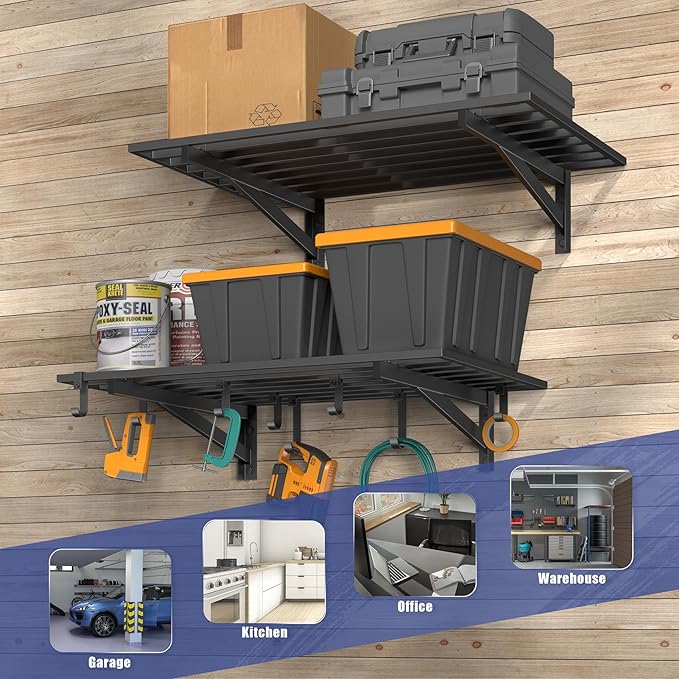 Jusgym 2-Pack 2x3ft Garage Shelving Wall Mounted, 2' x 3' Heavy Duty Garage Storage Shelves with Hooks, 400LB Capacity