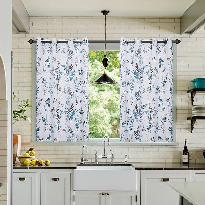 MYSKY HOME Floral Blackout Curtains for Kitchen Room Darkening Thermal Insulated Panels 45 Inch Long Light Blocking Grommet Rustic Curtains for Dormer Window, 2 Panels, Turquoise