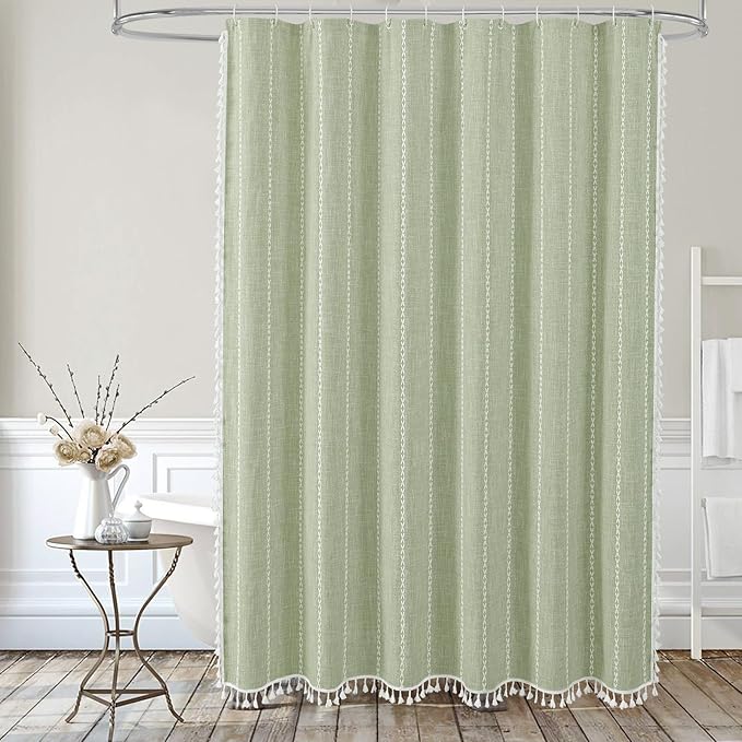 MitoVilla Sage Green Boho Extra Long Shower Curtain 72 x 84, Modern Farmhouse 84 inch XL Rustic Polyester Linen Tassel Heavy Duty Shower Curtain Set with Hooks for Cottagecore Country Bathroom Decor