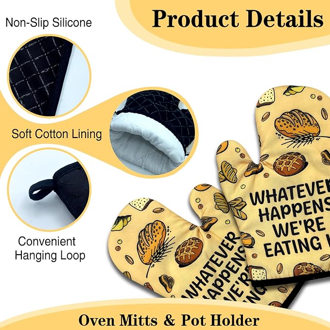 Funny Oven Mitts and Pot Holders Set of 3, Whatever Happens We're Eating It, Heat Resistant Non-Slip Kitchen Mitts Hot Pads, Humorous Baking Gifts, Birthday Gifts for Men Dad Husband Baker