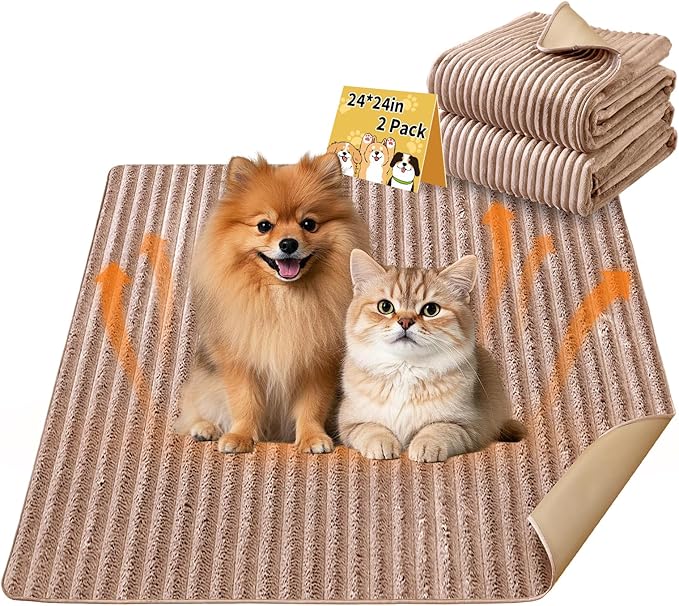 Dog Crate Mat, 2 Pack 24"×24" Flannel Washable Pet Mat for Dogs and Cats, Non-Slip Pet Pad for Kennel Training, Absorbs Urine and Waterproof Pad for Sofa Bed Crate Kennel Car Seat Floor（Khaki）