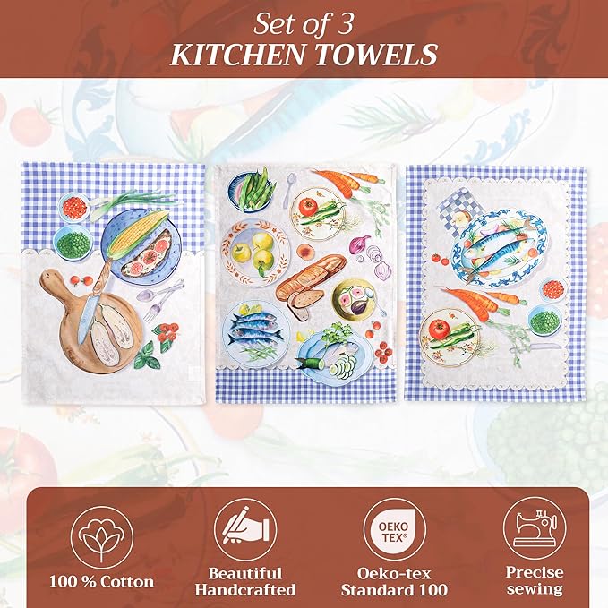 Maison d' Hermine Kitchen Towels Set of 3 100% Cotton 27.50" x 20" Reusable Cloth Tea Dish Towels Absorbent with Hanging Loop for Kitchen, Home, Dining, Cocktail Parties Spring/Summer (Gourmand)