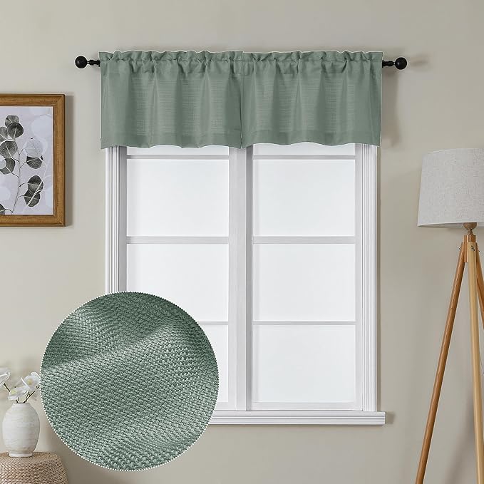 Lecloud Bessie Sage Green Valance for Windows 14 Inch Length 2 Pcs, Faux Linen Textured Cafe Kitchen Curtain Valances, Rod Pocket Short Curtains for Bedroom Bathroom, Each 30 W x 14 L