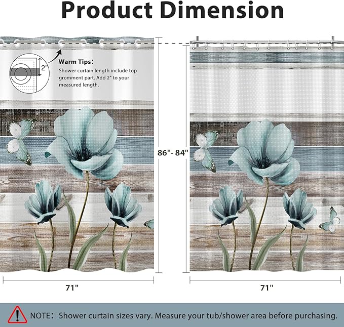 GICDSU No Hook Shower Curtain with Snap in Liner, Waffle Shower Curtain Set for Bathroom, Turquoise Floral Style with Semi-Sheer Top Window, Waterproof & Washable, 71" W x 86" L