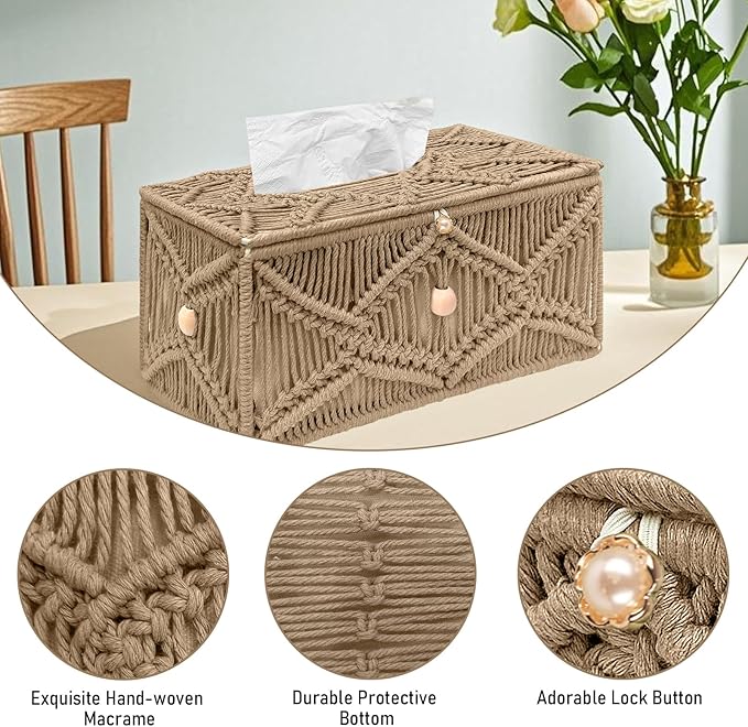 KaloKalo Handmade Tissue Box Cover Rectangle Decorative Macrame Boho Tissue Holder Cotton Rope Woven Napkin Facial Paper Organizer Bohemian Desk Storage Container with Buckle Wood Beads (Khaki)