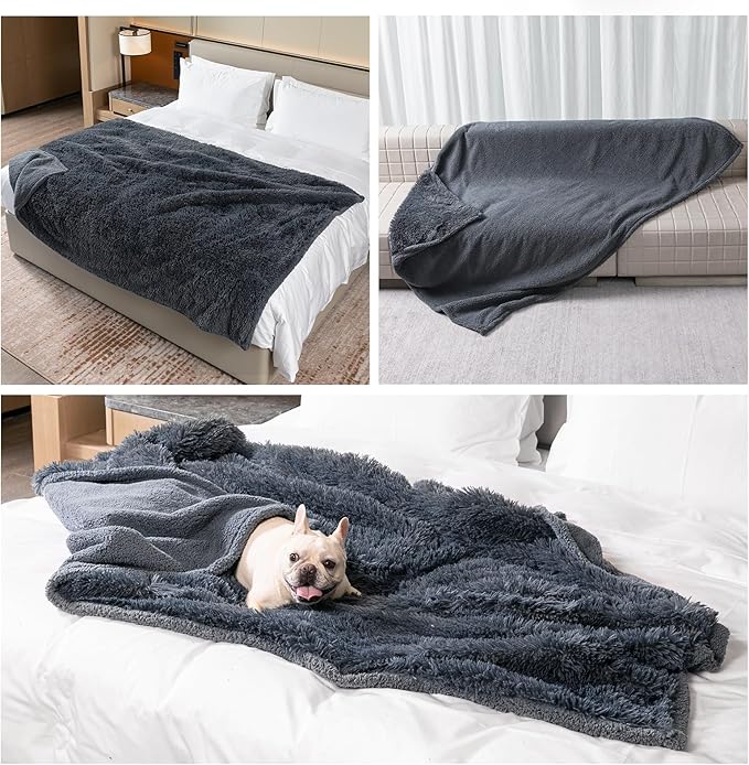 Wowchine Waterproof Gray Pet Blanket for Dogs 65X57in Fluffy Long Faux Fur Pets Throw Blankets for Large Dog Cat Puppy Couch Cover Love Bed Protector Mat Washable(Grey,L)