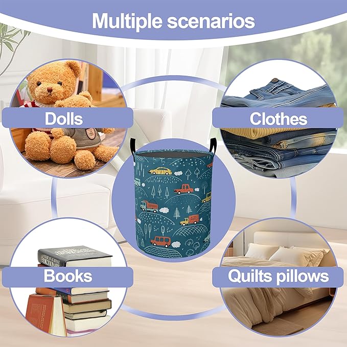 Laundry Basket-Blue Cartoon Car Foldable Waterproof Oxford Cloth Funny Tote Bag Laundry Hamper Clothes Storage Bucket Organizer For Bathroom/Laundry Storage/Bedroom Storage Basket