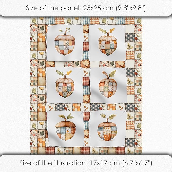 Patchwork Acorn Autumn Cotton Fabric Panel – 6 Designs (10×10 inch Each) + Bonus Sheet 29.5×19.6 inch, 100% Cotton 140 GSM, Made in Türkiye