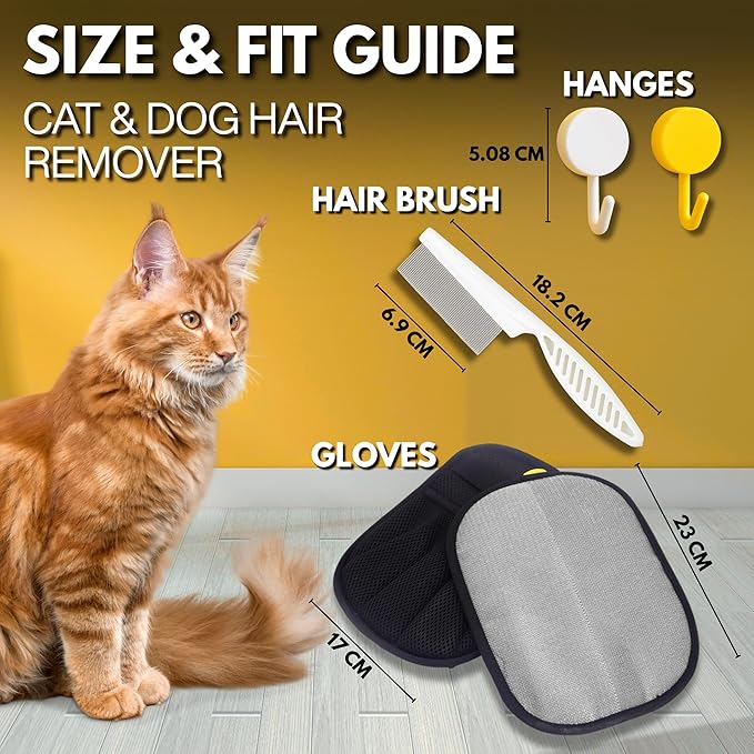 Pet Hair Removal Glove for Cats & Dogs - 2 Gloves, 2 Hangers & 1 Comb Set - Reusable Electrostatic pet hair remover glove for Pets Grooming, Double Sided Static Pet Hair Fur Remover Tool Mitt Gloves