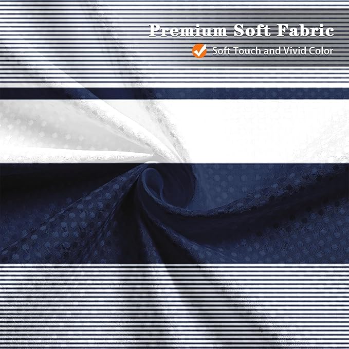 Culudea Modern Striped Boho Waffle Textured Cloth Shower Curtain Set, Navy Blue White Horizontal Stripe Bathroom Window Waterproof Shower Curtains for Bathroom Decor