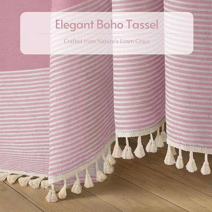 XOGUIBO Pink Shower Curtain Boho Linen Striped Shower Curtains for Bathroom with Tassel 72 X 72