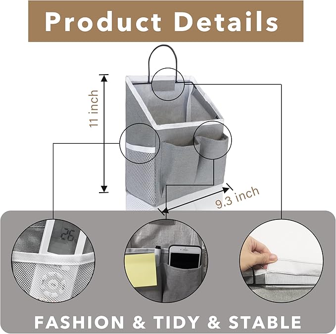 Kanrichu 3pcs Wall Hanging Organizer Bag, Linen Fabric Door Hanging Storage Basket with Pockets, Waterproof Bin for Kitchen, Bedroom, Office, RV Camper (Gray)