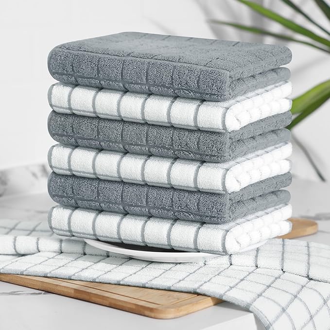 Homaxy Premium Cotton Kitchen Towels 16"x 28", Large Natural Ring Spun 390 GSM Dish Towels, Super Absorbent Terry Kitchen Hand Towels, Soft Tea Towels with Hanging Loop, Grey Check Design, 12 Pack